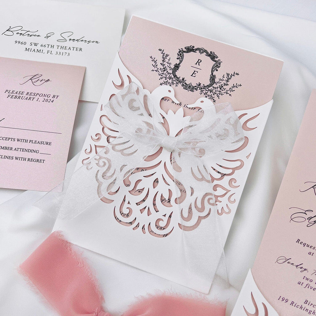 Lavender and White Swan Wedding Invitation Suite, Elegant Pocket Wedding Card, Chiffon bow Picky Bride 