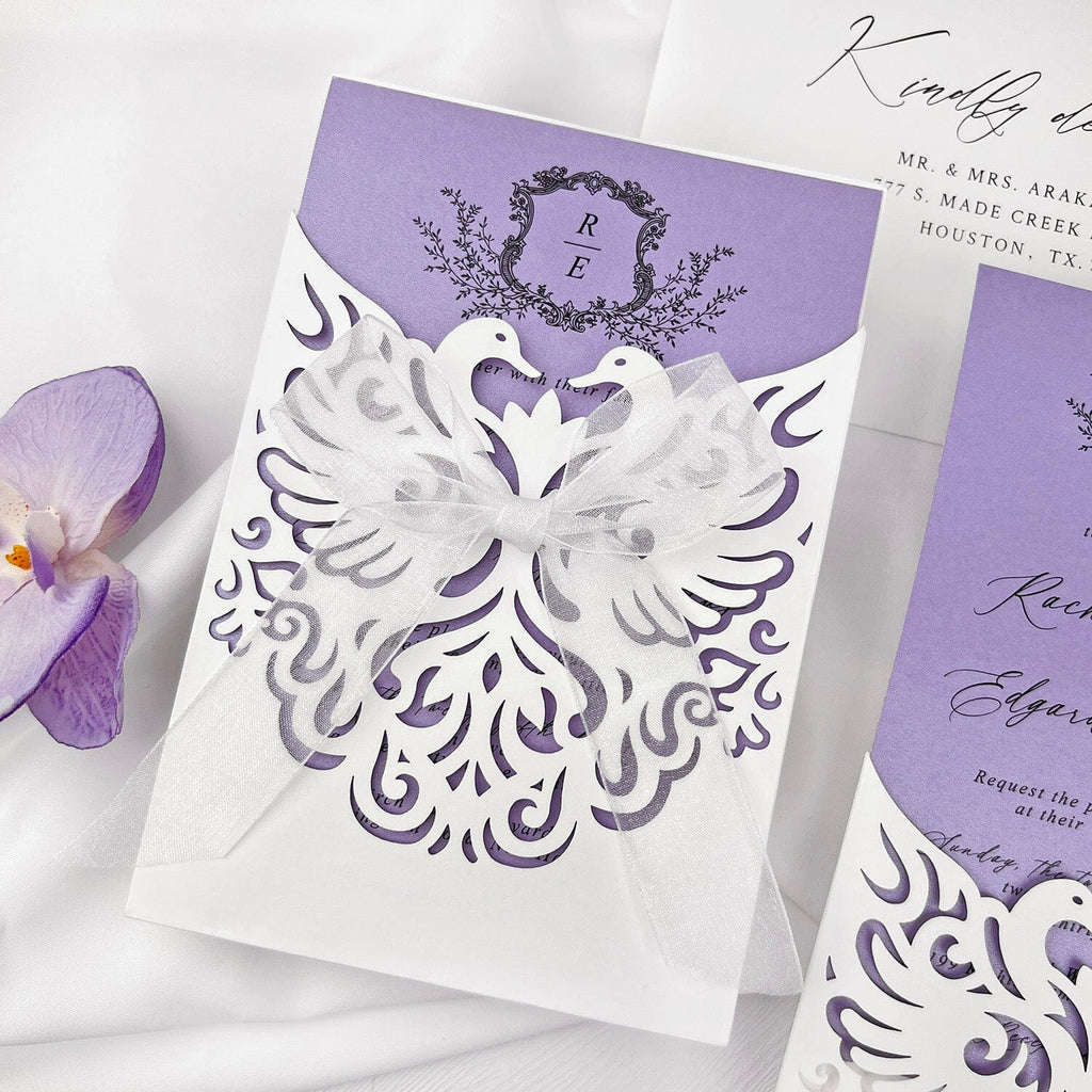 Lavender and White Swan Wedding Invitation Suite, Elegant Pocket Wedding Card, Chiffon bow Picky Bride Invitations 30 x $3.0 ea. 