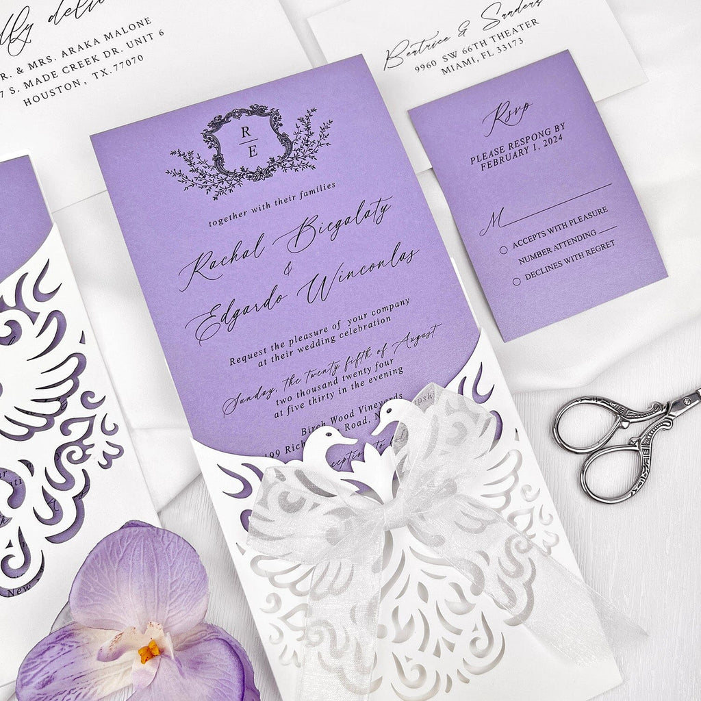 Lavender and White Swan Wedding Invitation Suite, Elegant Pocket Wedding Card, Chiffon bow Picky Bride Invitations + RSVP (+$0.6) 1 Sample 