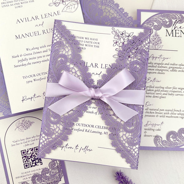 Lavender Purple Laser Cut Wedding Invitation Set, Lilac Lace RSVP and Menu Cards Wedding Ceremony Supplies Picky Bride 