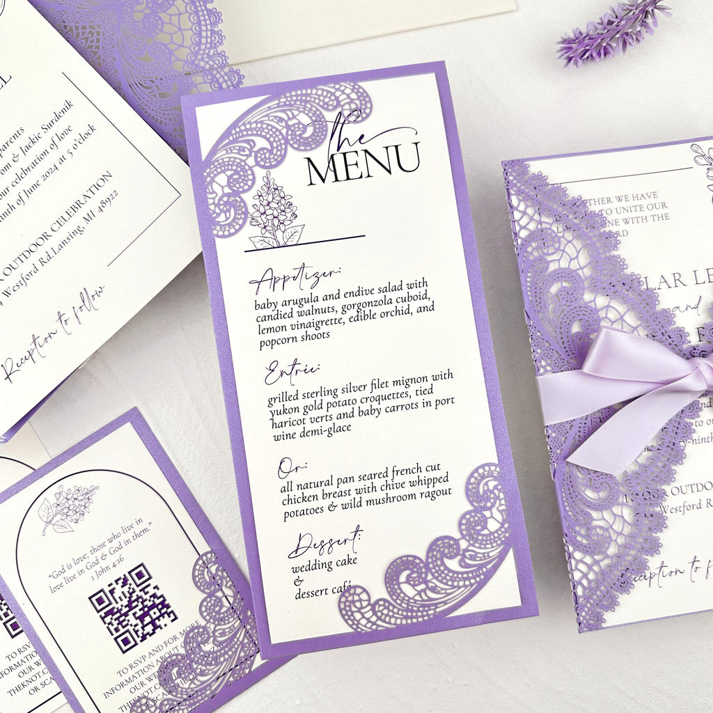 Lavender Purple Laser Cut Wedding Invitation Set, Lilac Lace RSVP and Menu Cards Wedding Ceremony Supplies Picky Bride 