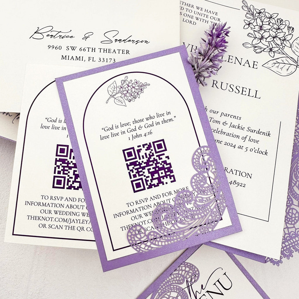 Lavender Purple Laser Cut Wedding Invitation Set, Lilac Lace RSVP and Menu Cards Wedding Ceremony Supplies Picky Bride 