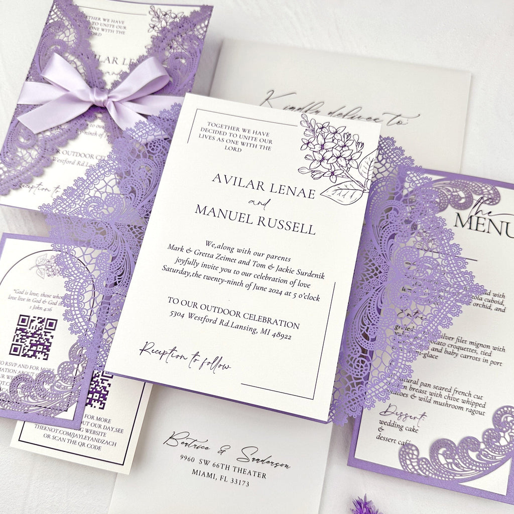 Lavender Purple Laser Cut Wedding Invitation Set, Lilac Lace RSVP and Menu Cards Wedding Ceremony Supplies Picky Bride 
