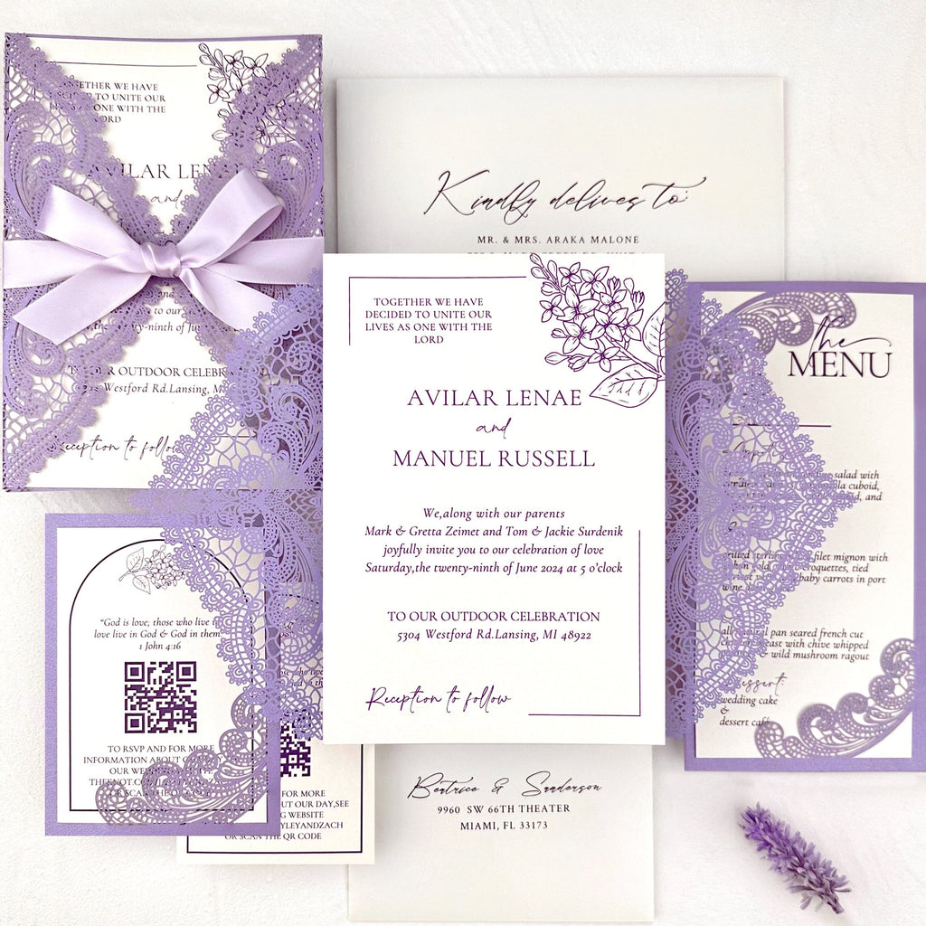 Lavender Purple Laser Cut Wedding Invitation Set, Lilac Lace RSVP and Menu Cards Wedding Ceremony Supplies Picky Bride 