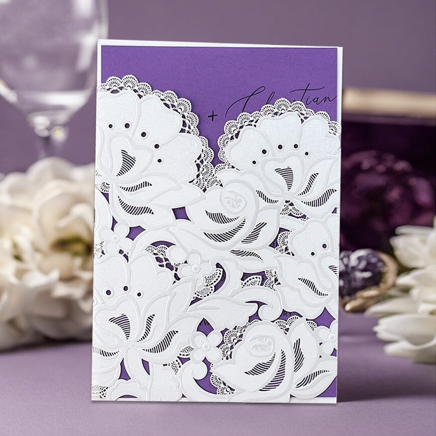 Lavender Purple Wedding Invitation Elegant, Lace Flower Invitations and Purple RSVP Cards, Lilac Invites, Embossed Floral Cover Wedding Ceremony Supplies Picky Bride Invitation 
