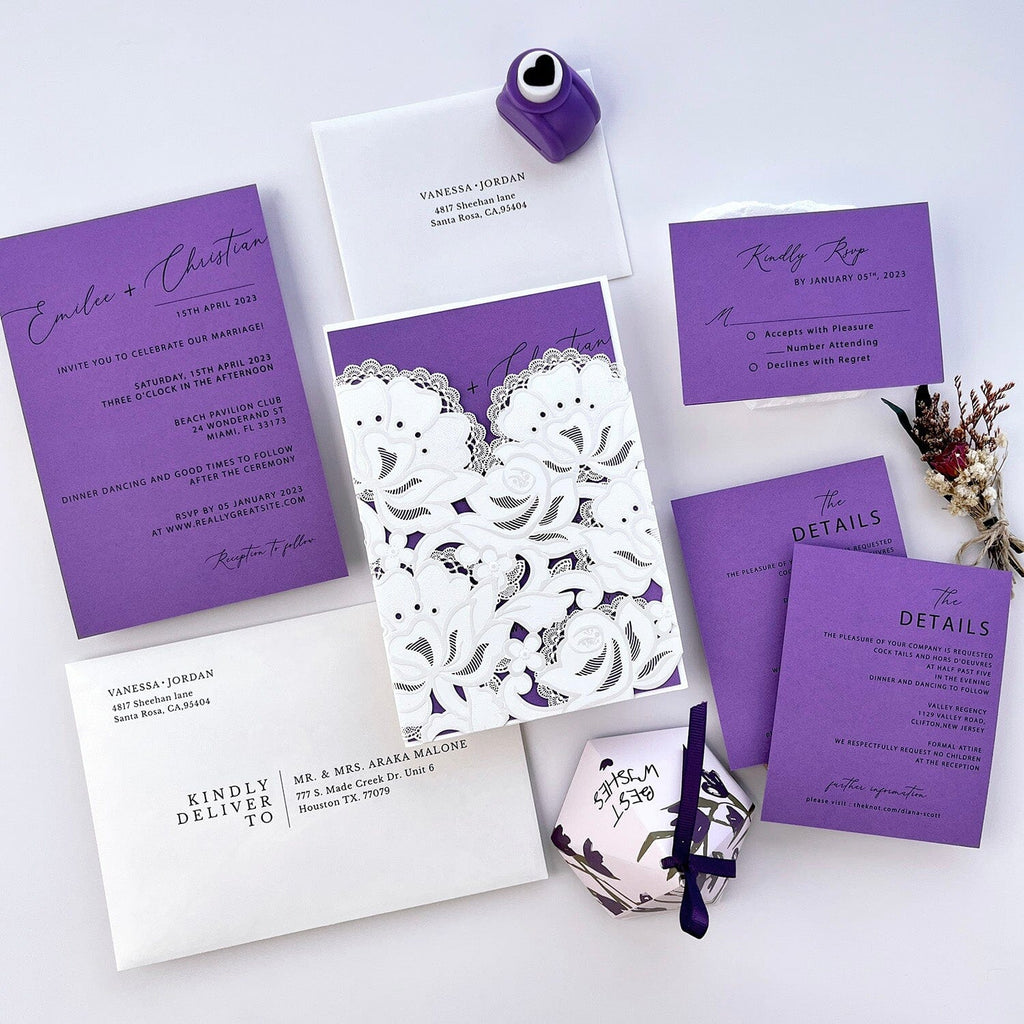 Lavender Purple Wedding Invitation Elegant, Lace Flower Invitations and Purple RSVP Cards, Lilac Invites, Embossed Floral Cover Wedding Ceremony Supplies Picky Bride Invitation + RSVP($0.6) 