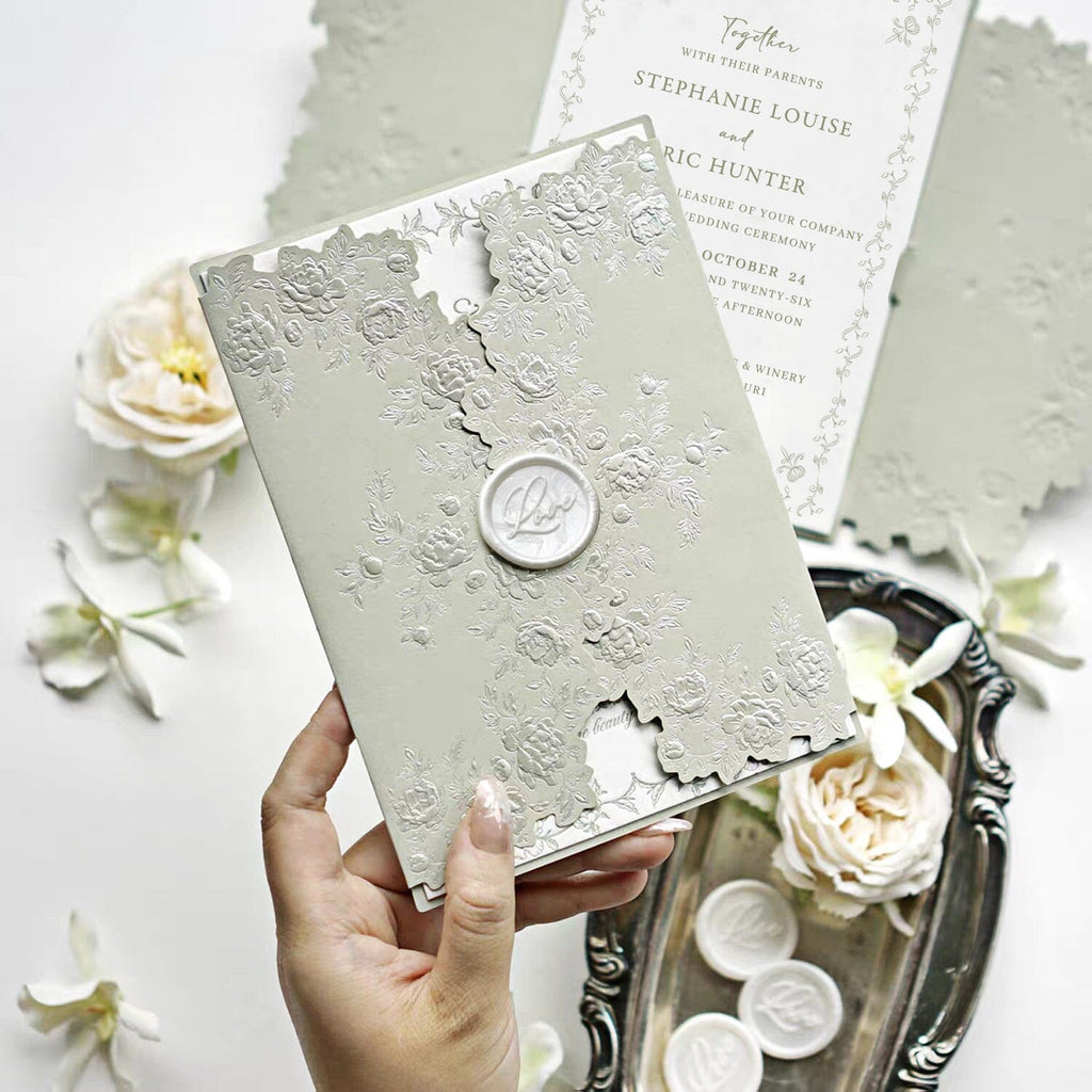 Light Green Embossed Floral Wedding Invitation, Elegant Botanical Cotton Paper Invites, Ivory Love Wax Seal Wedding Ceremony Supplies Picky Bride 