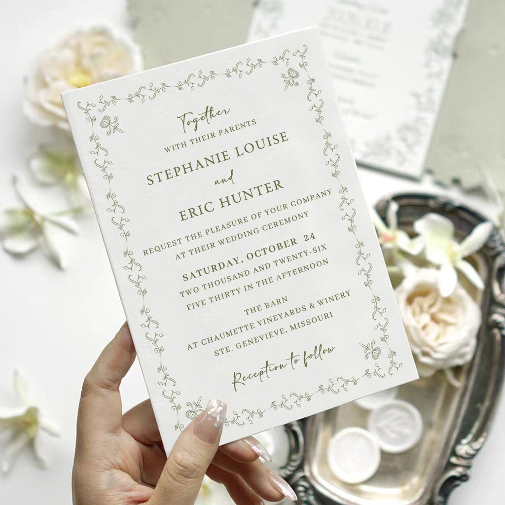 Light Green Embossed Floral Wedding Invitation, Elegant Botanical Cotton Paper Invites, Ivory Love Wax Seal Wedding Ceremony Supplies Picky Bride 