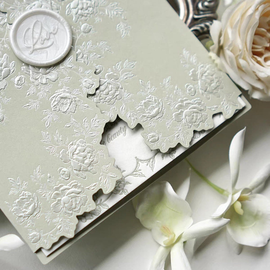 Light Green Embossed Floral Wedding Invitation, Elegant Botanical Cotton Paper Invites, Ivory Love Wax Seal Wedding Ceremony Supplies Picky Bride 