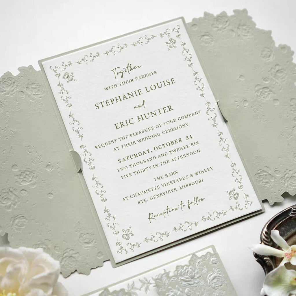 Light Green Embossed Floral Wedding Invitation, Elegant Botanical Cotton Paper Invites, Ivory Love Wax Seal Wedding Ceremony Supplies Picky Bride 
