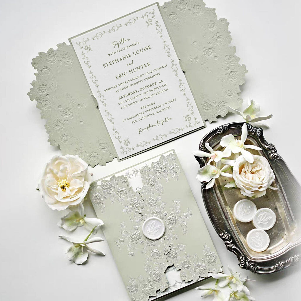 Light Green Embossed Floral Wedding Invitation, Elegant Botanical Cotton Paper Invites, Ivory Love Wax Seal Wedding Ceremony Supplies Picky Bride 