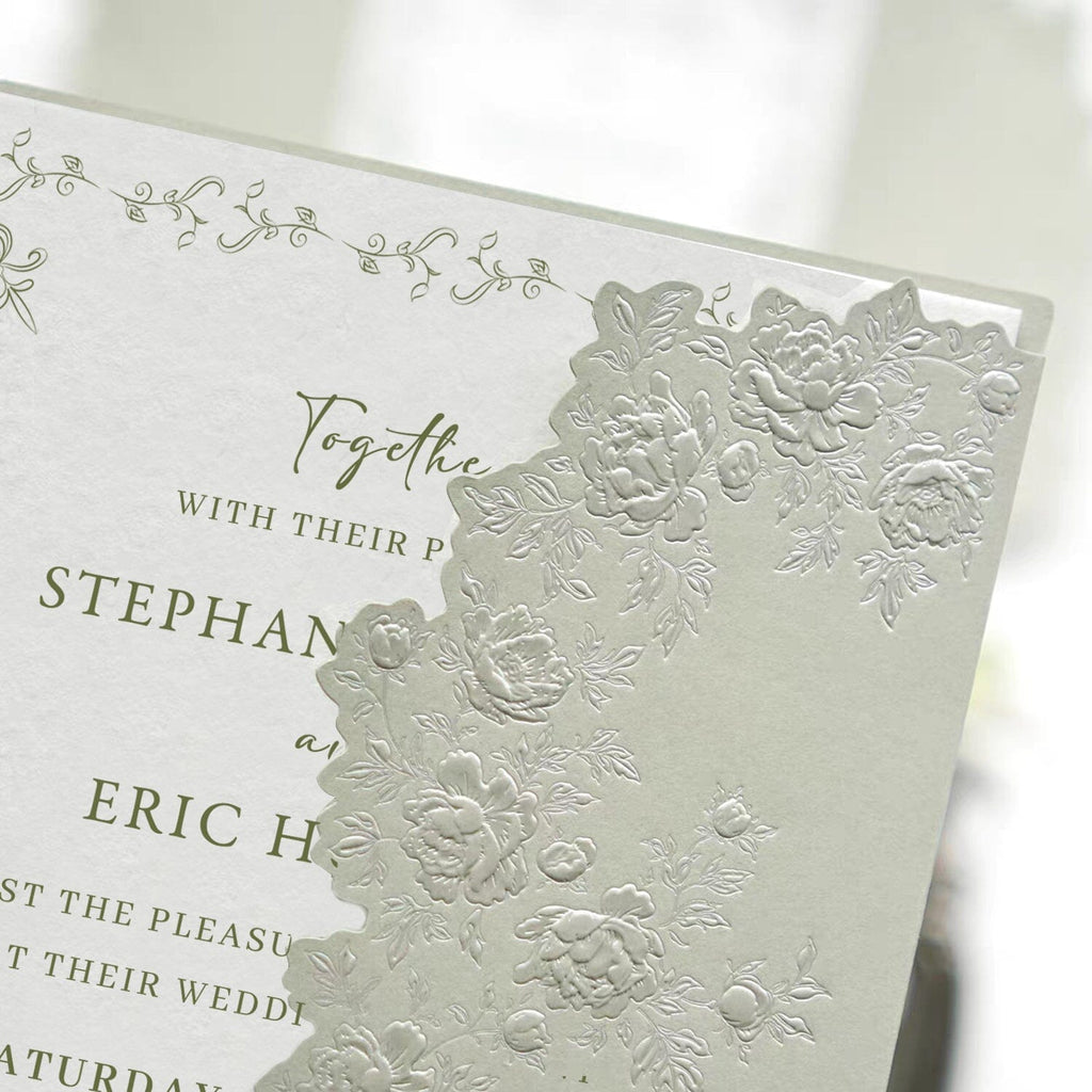 Light Green Embossed Floral Wedding Invitation, Elegant Botanical Cotton Paper Invites, Ivory Love Wax Seal Wedding Ceremony Supplies Picky Bride 