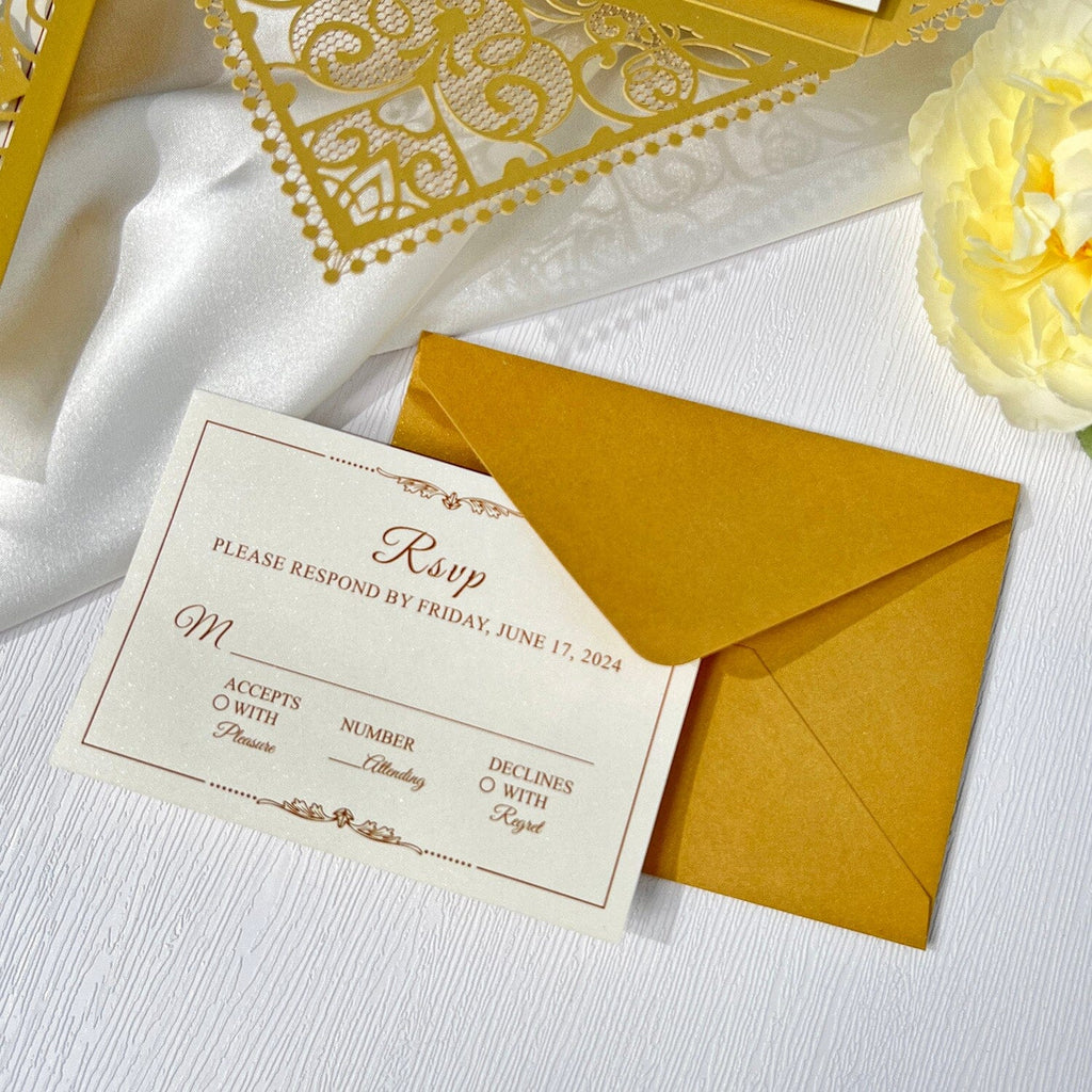 Luxurious Gold Wedding Invitation Set, Golden Laser Cut Invitations, Royal Gold Wedding Cards and Lace Cover Wedding Ceremony Supplies Picky Bride 