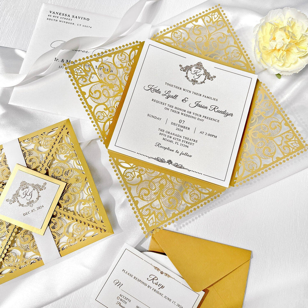 Luxurious Gold Wedding Invitation Set, Golden Laser Cut Invitations, Royal Gold Wedding Cards and Lace Cover Wedding Ceremony Supplies Picky Bride 