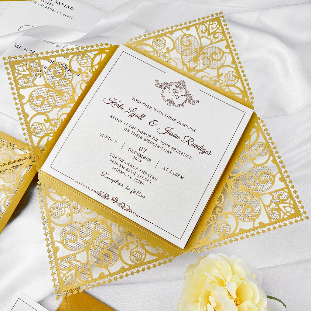 Luxurious Gold Wedding Invitation Set, Golden Laser Cut Invitations, Royal Gold Wedding Cards and Lace Cover Wedding Ceremony Supplies Picky Bride 