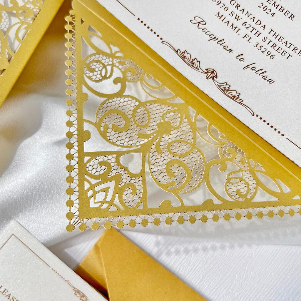 Luxurious Gold Wedding Invitation Set, Golden Laser Cut Invitations, Royal Gold Wedding Cards and Lace Cover Wedding Ceremony Supplies Picky Bride 