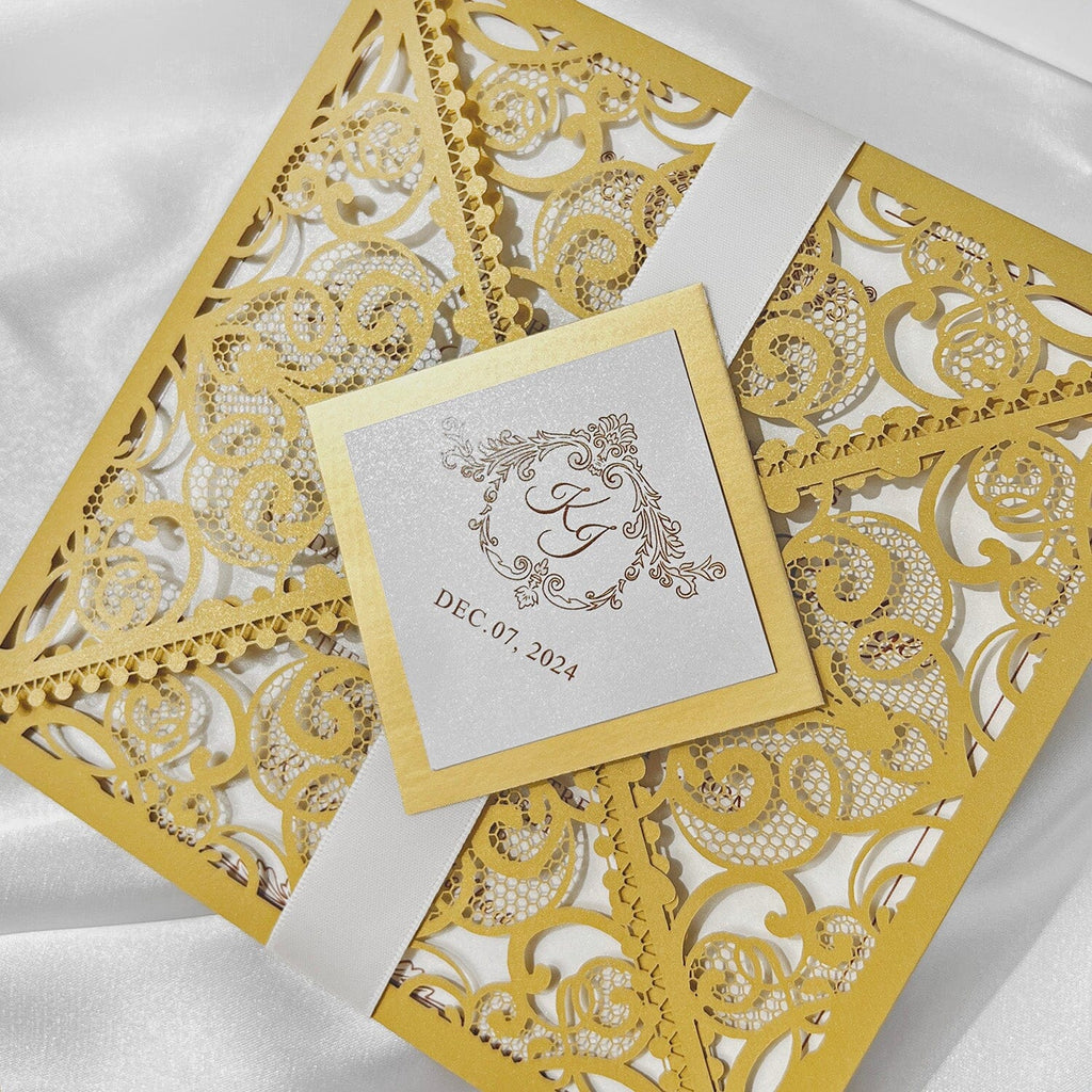 Luxurious Gold Wedding Invitation Set, Golden Laser Cut Invitations, Royal Gold Wedding Cards and Lace Cover Wedding Ceremony Supplies Picky Bride 