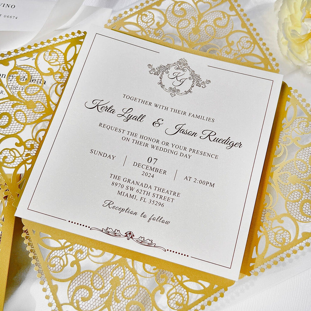 Luxurious Gold Wedding Invitation Set, Golden Laser Cut Invitations, Royal Gold Wedding Cards and Lace Cover Wedding Ceremony Supplies Picky Bride 