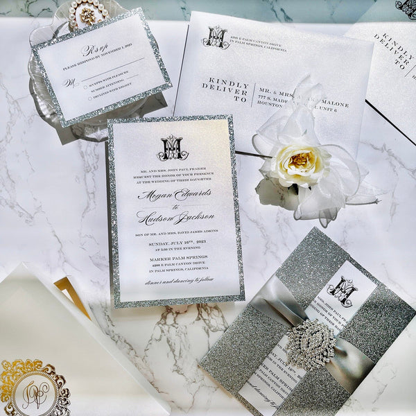 Luxury Glitter Silver and Gold Foil Boxed Wedding Invitations, Elegant Glitter Double-layer Invites with Diamonds, Customized Monogram Invitation with RSVP Picky Bride 