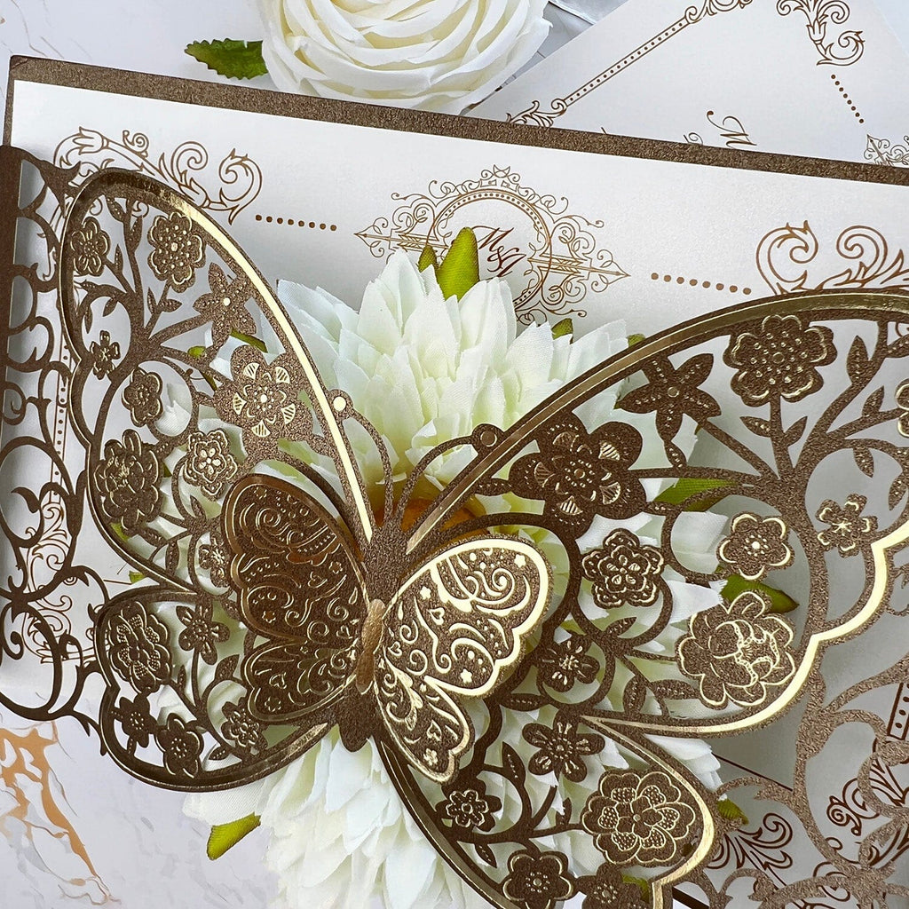 Luxury Gold and Brown Butterfly Wedding Invitations, Elegant 3D Floral Butterflies Pocket Invites, Vintage Botanical Frame Invitation with Personalized Monogram Wedding Ceremony Supplies Picky Bride 
