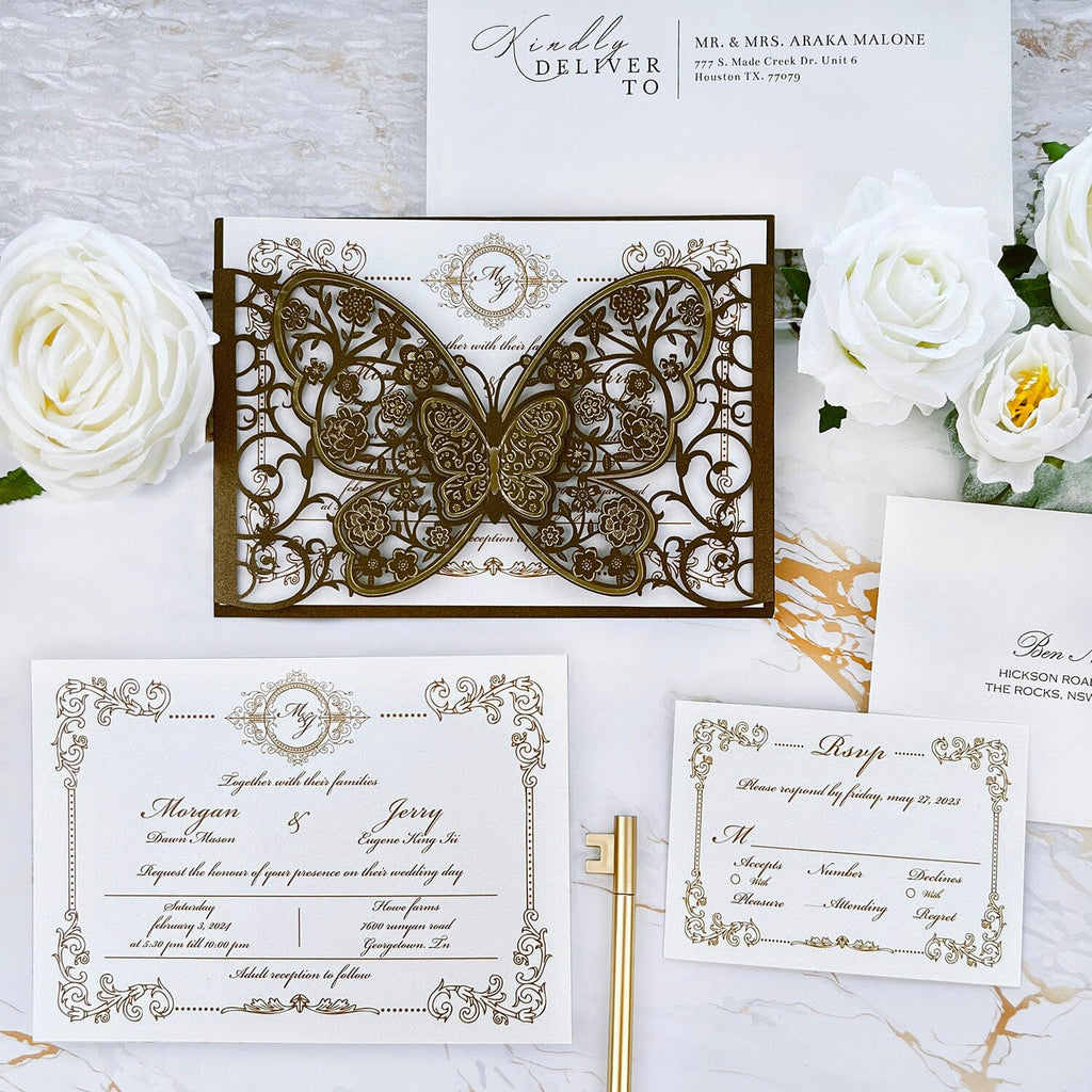 Luxury Gold and Brown Butterfly Wedding Invitations, Elegant 3D Floral Butterflies Pocket Invites, Vintage Botanical Frame Invitation with Personalized Monogram Wedding Ceremony Supplies Picky Bride 