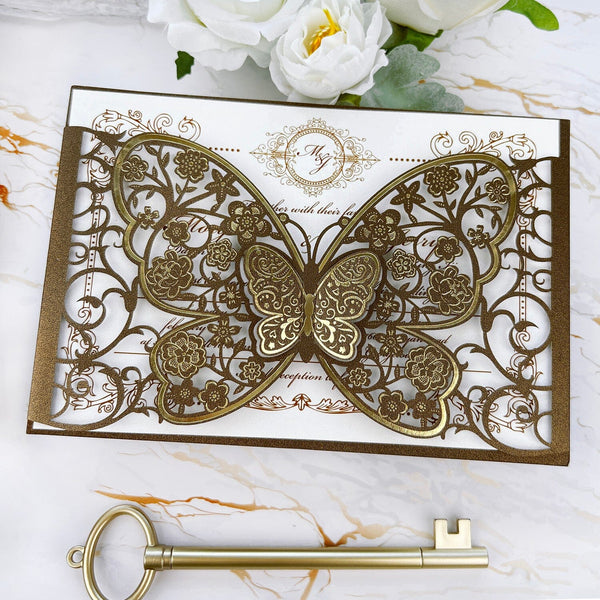 Luxury Gold and Brown Butterfly Wedding Invitations, Elegant 3D Floral Butterflies Pocket Invites, Vintage Botanical Frame Invitation with Personalized Monogram Wedding Ceremony Supplies Picky Bride 