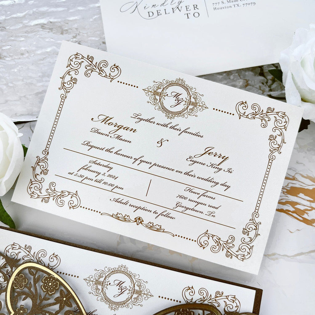 Luxury Gold and Brown Butterfly Wedding Invitations, Elegant 3D Floral Butterflies Pocket Invites, Vintage Botanical Frame Invitation with Personalized Monogram Wedding Ceremony Supplies Picky Bride 