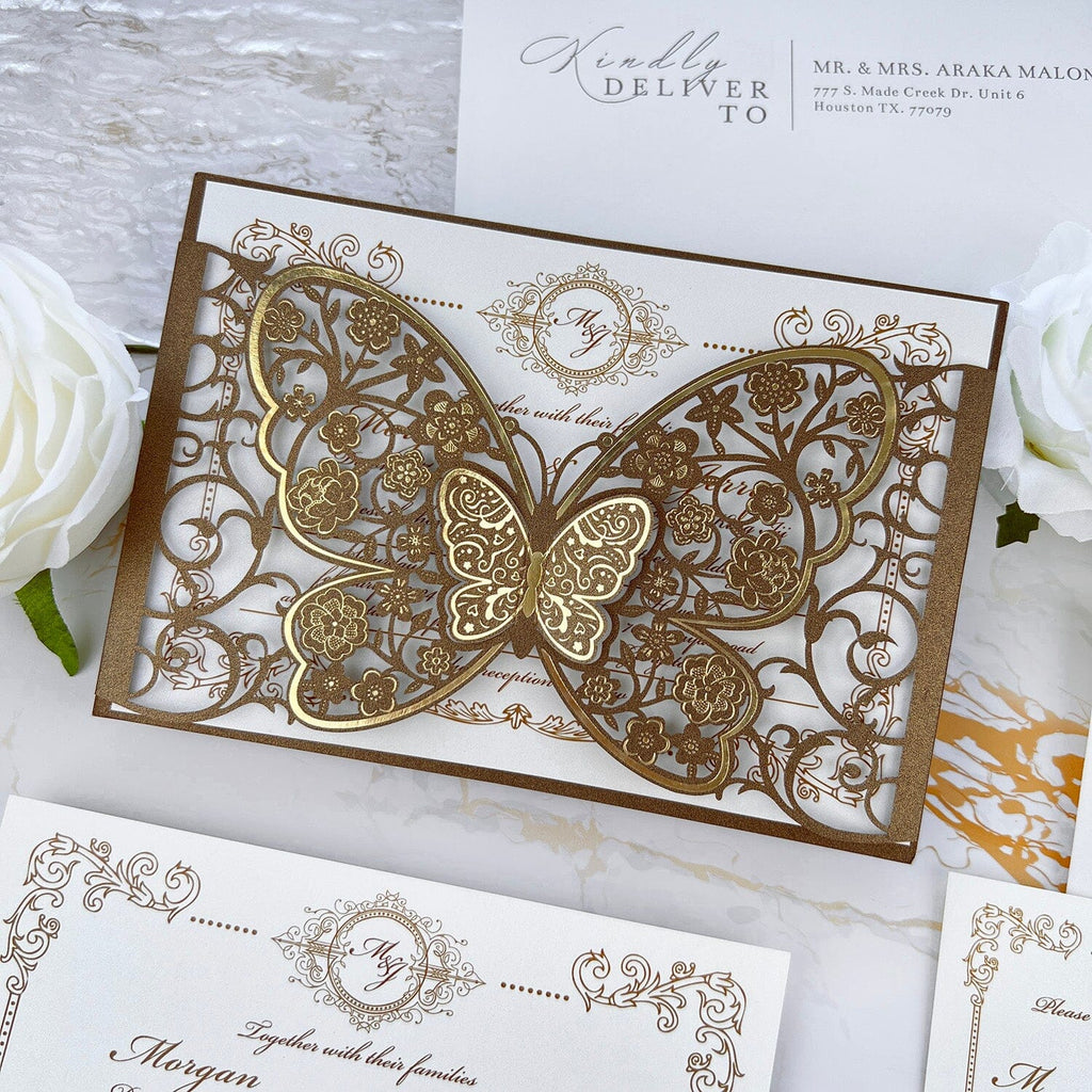 Luxury Gold and Brown Butterfly Wedding Invitations, Elegant 3D Floral Butterflies Pocket Invites, Vintage Botanical Frame Invitation with Personalized Monogram Wedding Ceremony Supplies Picky Bride 