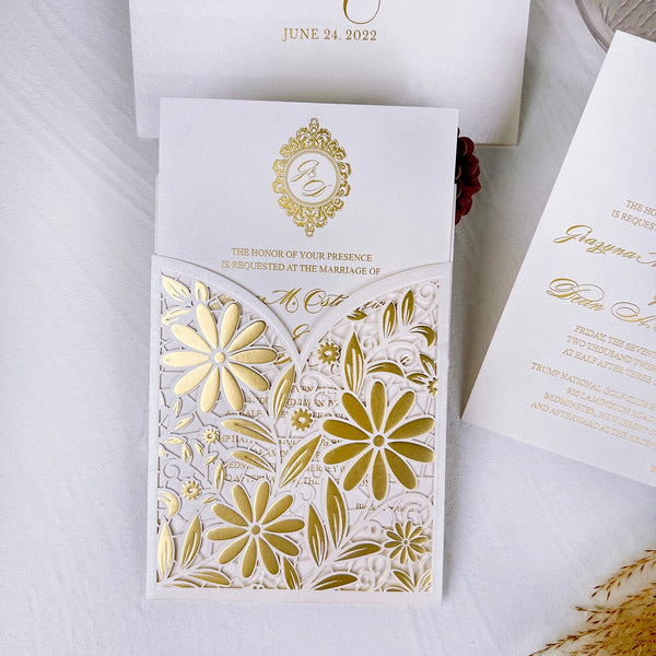 Luxury Gold and Ivory Laser Cut Wedding Invitation, Elegant Floral Gold Foil Pocket Wedding Invites, Personalized Vintage Monogram Invitation with RSVP Wedding Ceremony Supplies Picky Bride 