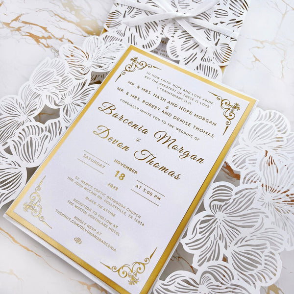 Luxury Gold and White Floral Wedding Invitations, Elegant Botanical Lace Laser Cut Covers and Double-layer Cards Invites Wedding Ceremony Supplies Picky Bride 