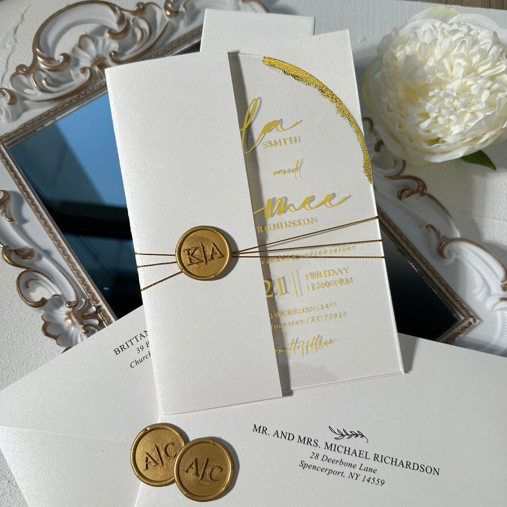 Luxury Gold Foil Arch Acrylic Wedding Invitation, Ivory Card Covers, Transparent Acrylic Cards, Personalized Wax Seal Wedding Ceremony Supplies Picky Bride 
