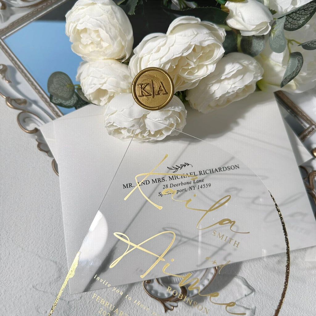 Luxury Gold Foil Arch Acrylic Wedding Invitation, Ivory Card Covers, Transparent Acrylic Cards, Personalized Wax Seal Wedding Ceremony Supplies Picky Bride 