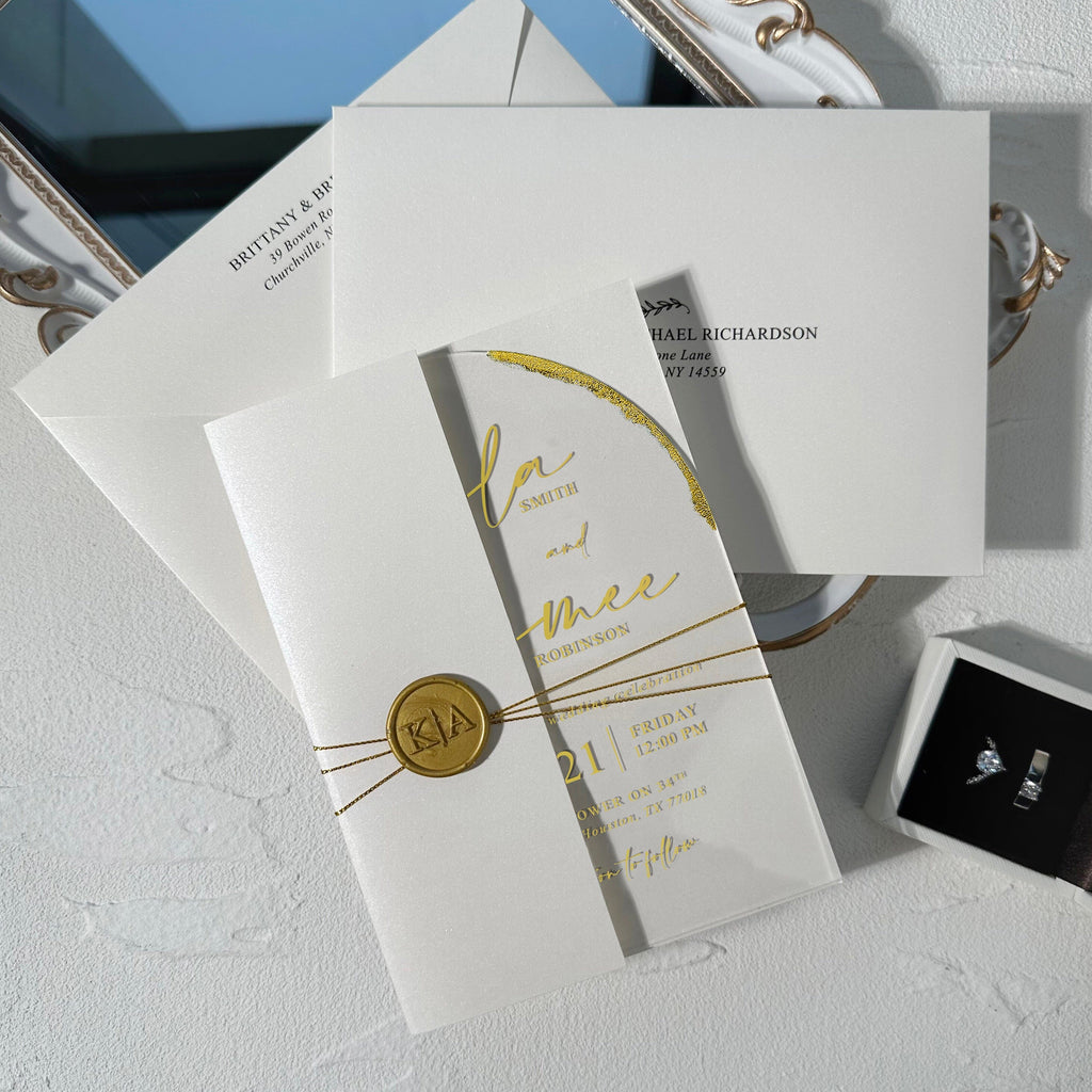 Luxury Gold Foil Arch Acrylic Wedding Invitation, Ivory Card Covers, Transparent Acrylic Cards, Personalized Wax Seal Wedding Ceremony Supplies Picky Bride 
