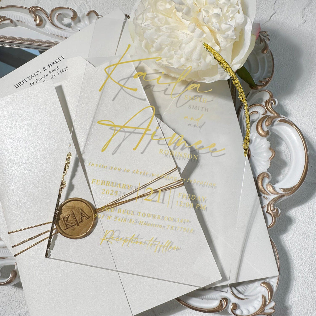 Luxury Gold Foil Arch Acrylic Wedding Invitation, Ivory Card Covers, Transparent Acrylic Cards, Personalized Wax Seal Wedding Ceremony Supplies Picky Bride 