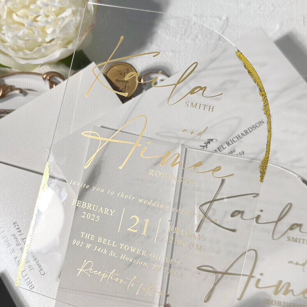 Luxury Gold Foil Arch Acrylic Wedding Invitation, Ivory Card Covers, Transparent Acrylic Cards, Personalized Wax Seal Wedding Ceremony Supplies Picky Bride 