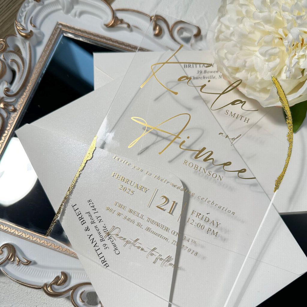 Luxury Gold Foil Arch Acrylic Wedding Invitation, Ivory Card Covers, Transparent Acrylic Cards, Personalized Wax Seal Wedding Ceremony Supplies Picky Bride 