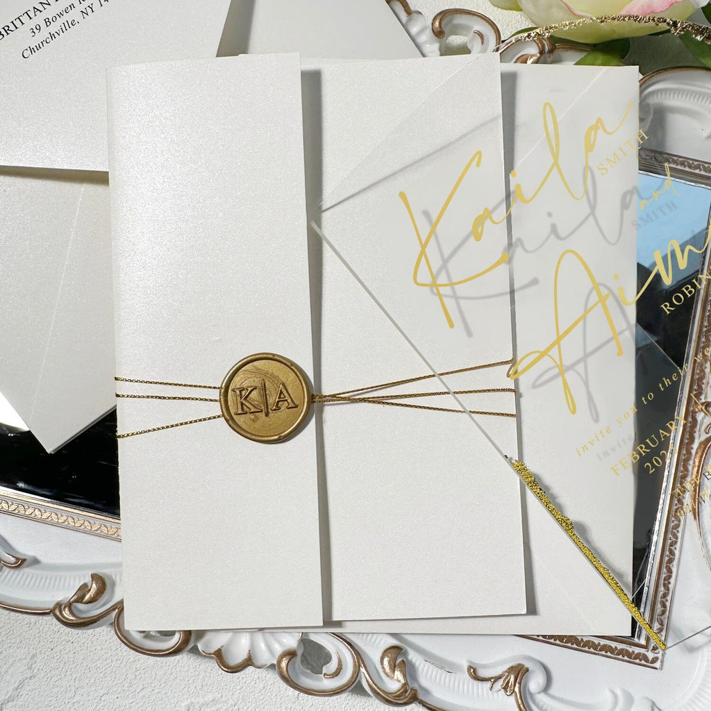 Luxury Gold Foil Arch Acrylic Wedding Invitation, Ivory Card Covers, Transparent Acrylic Cards, Personalized Wax Seal Wedding Ceremony Supplies Picky Bride 