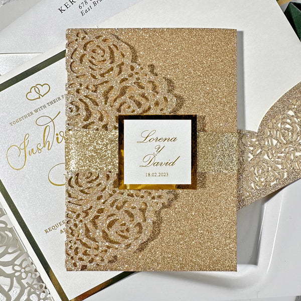 Luxury Gold Foil Floral Wedding Invitation, Glitter Lace Pockets, Double-layer Invites with Name Tag, QR Code RSVP Wedding Ceremony Supplies Picky Bride 