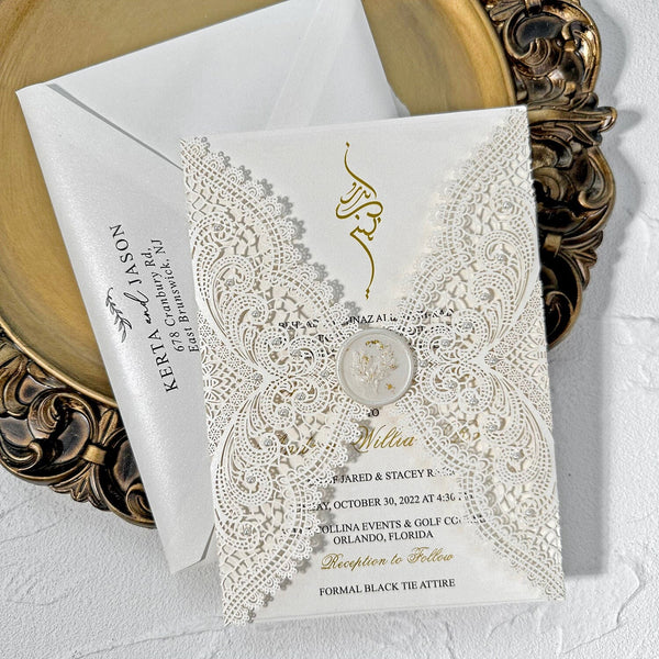 Luxury Gold Foil Pearl Lace Wedding Invitation, Ivory Laser Cut Covers, Gold Foil Pearl Wax Seal Wedding Ceremony Supplies Picky Bride 