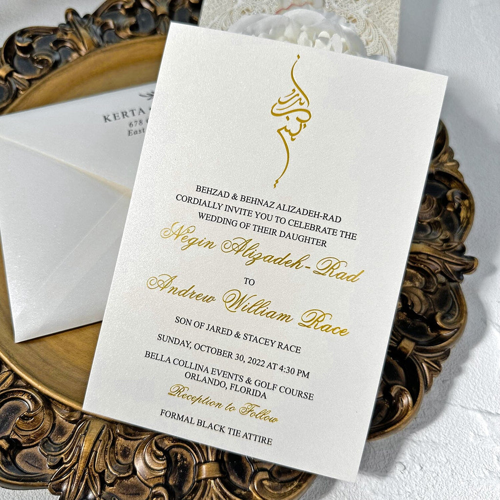 Luxury Gold Foil Pearl Lace Wedding Invitation, Ivory Laser Cut Covers, Gold Foil Pearl Wax Seal Wedding Ceremony Supplies Picky Bride 