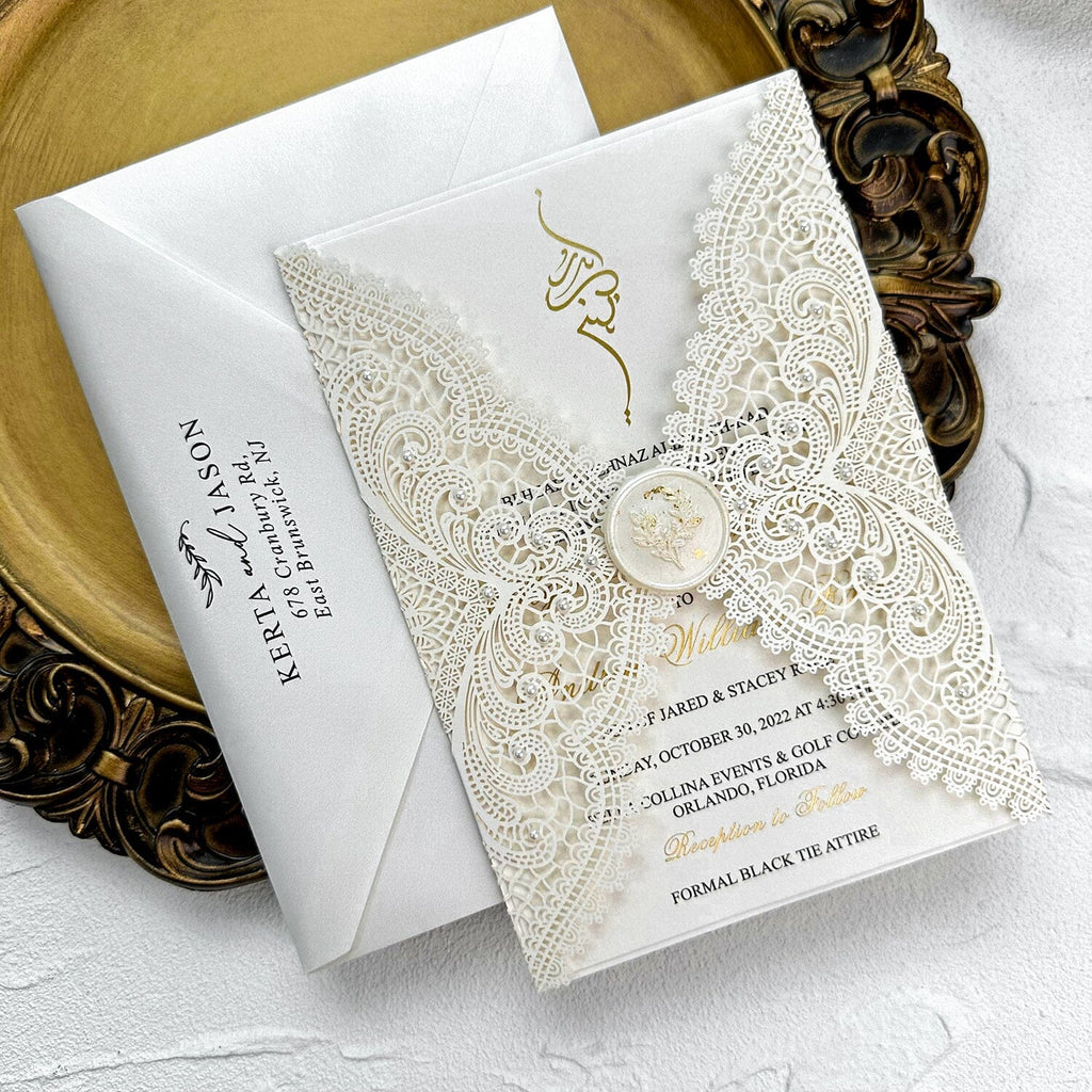 Luxury Gold Foil Pearl Lace Wedding Invitation, Ivory Laser Cut Covers, Gold Foil Pearl Wax Seal Wedding Ceremony Supplies Picky Bride 