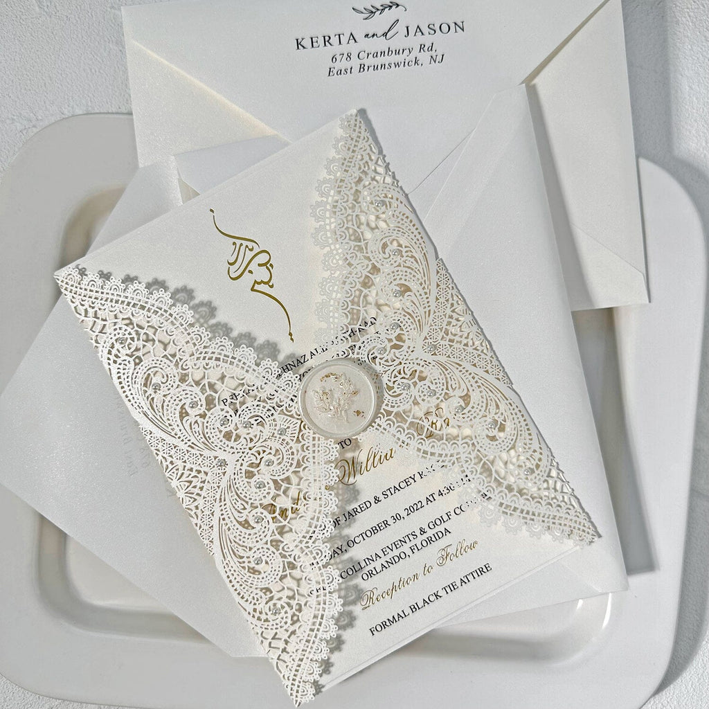 Luxury Gold Foil Pearl Lace Wedding Invitation, Ivory Laser Cut Covers, Gold Foil Pearl Wax Seal Wedding Ceremony Supplies Picky Bride 