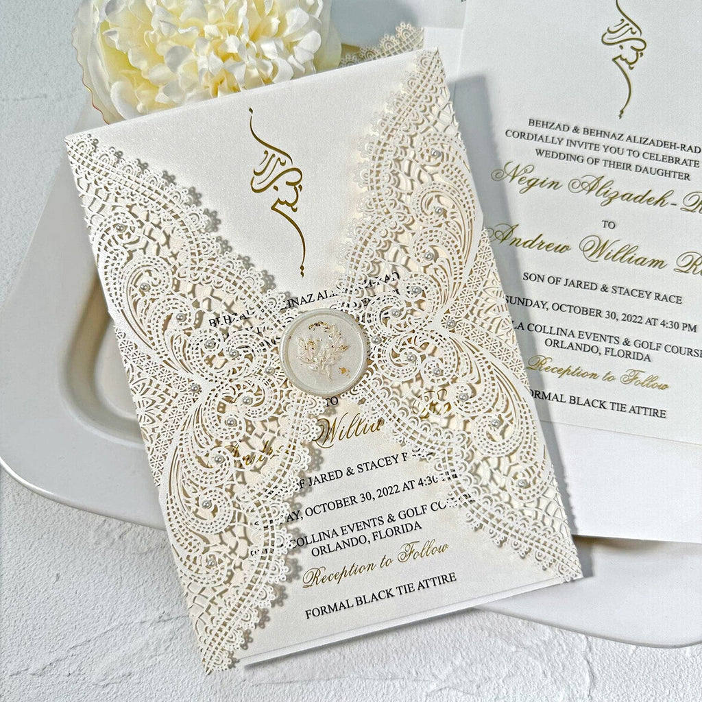 Luxury Gold Foil Pearl Lace Wedding Invitation, Ivory Laser Cut Covers, Gold Foil Pearl Wax Seal Wedding Ceremony Supplies Picky Bride 