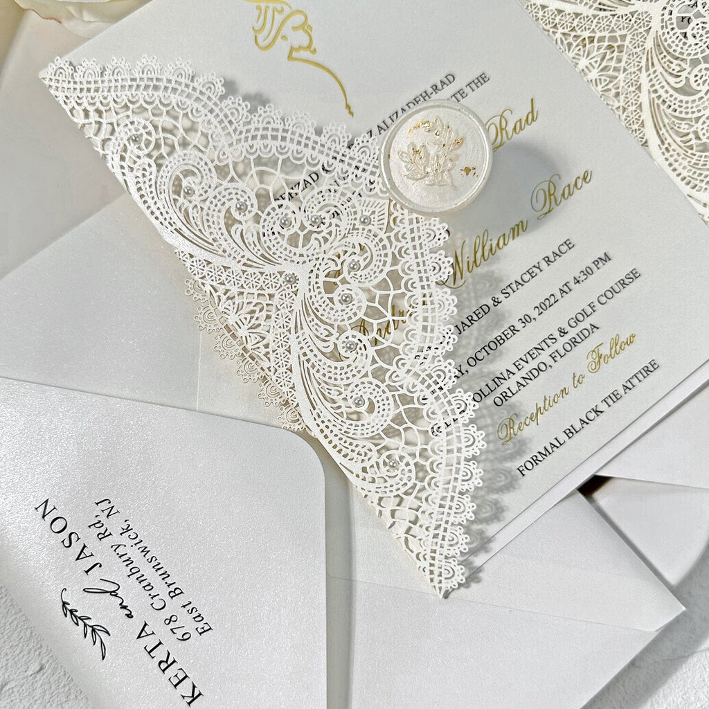 Luxury Gold Foil Pearl Lace Wedding Invitation, Ivory Laser Cut Covers, Gold Foil Pearl Wax Seal Wedding Ceremony Supplies Picky Bride 