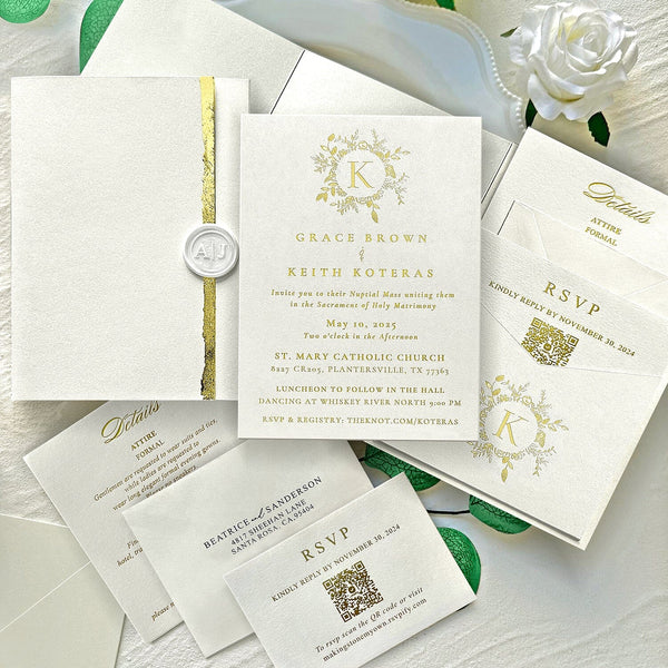 Luxury Gold Foil Pocket Wedding Invitation Set, Elegant Ivory and Gold Edge Trifold Invites, Personalized Gold Monogram and Wax Seal, QR Code RSVP Wedding Ceremony Supplies Picky Bride 