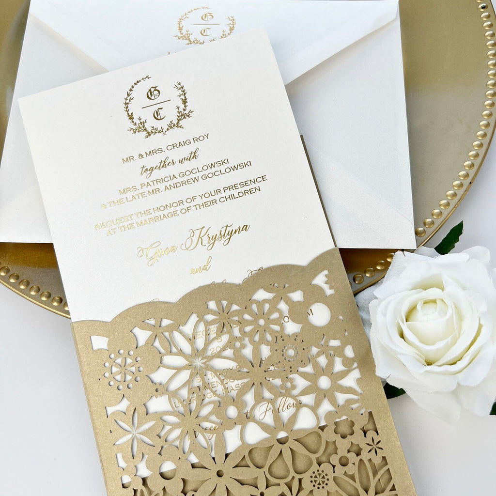 Luxury Gold Foil Wedding Invitations, Golden Laser Cut Wedding Invites, Printing Envelopes Wedding Ceremony Supplies Picky Bride 
