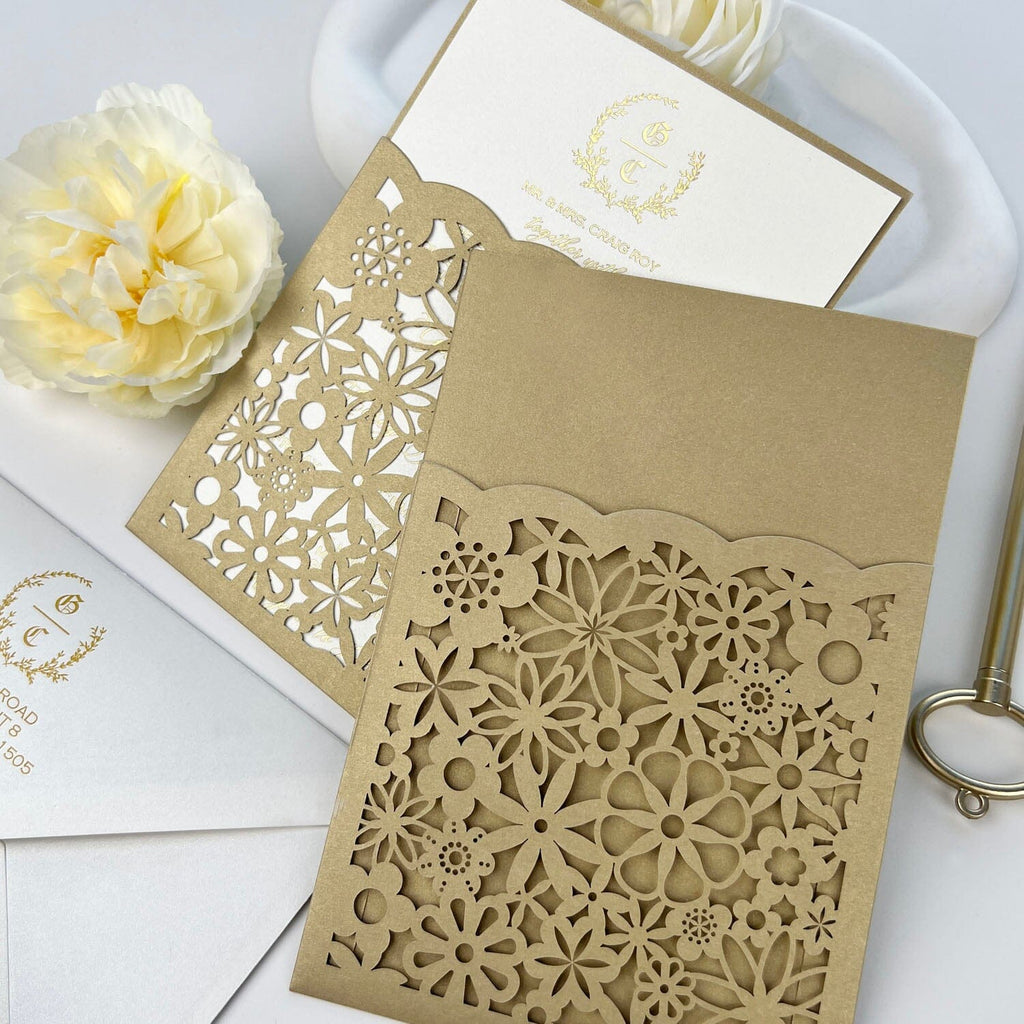 Luxury Gold Foil Wedding Invitations, Golden Laser Cut Wedding Invites, Printing Envelopes Wedding Ceremony Supplies Picky Bride 