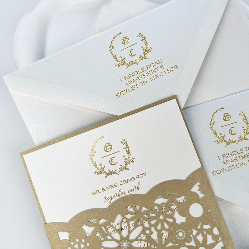 Luxury Gold Foil Wedding Invitations, Golden Laser Cut Wedding Invites, Printing Envelopes Wedding Ceremony Supplies Picky Bride 