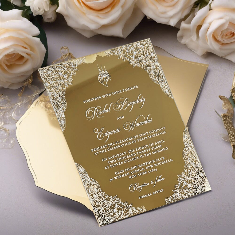 Luxury Gold Mirror Acrylic Wedding Invitation, Elegant Floral Frame and Personalized Monogram Invites, Minimalist Gold Acrylic Invites Wedding Ceremony Supplies Picky Bride 