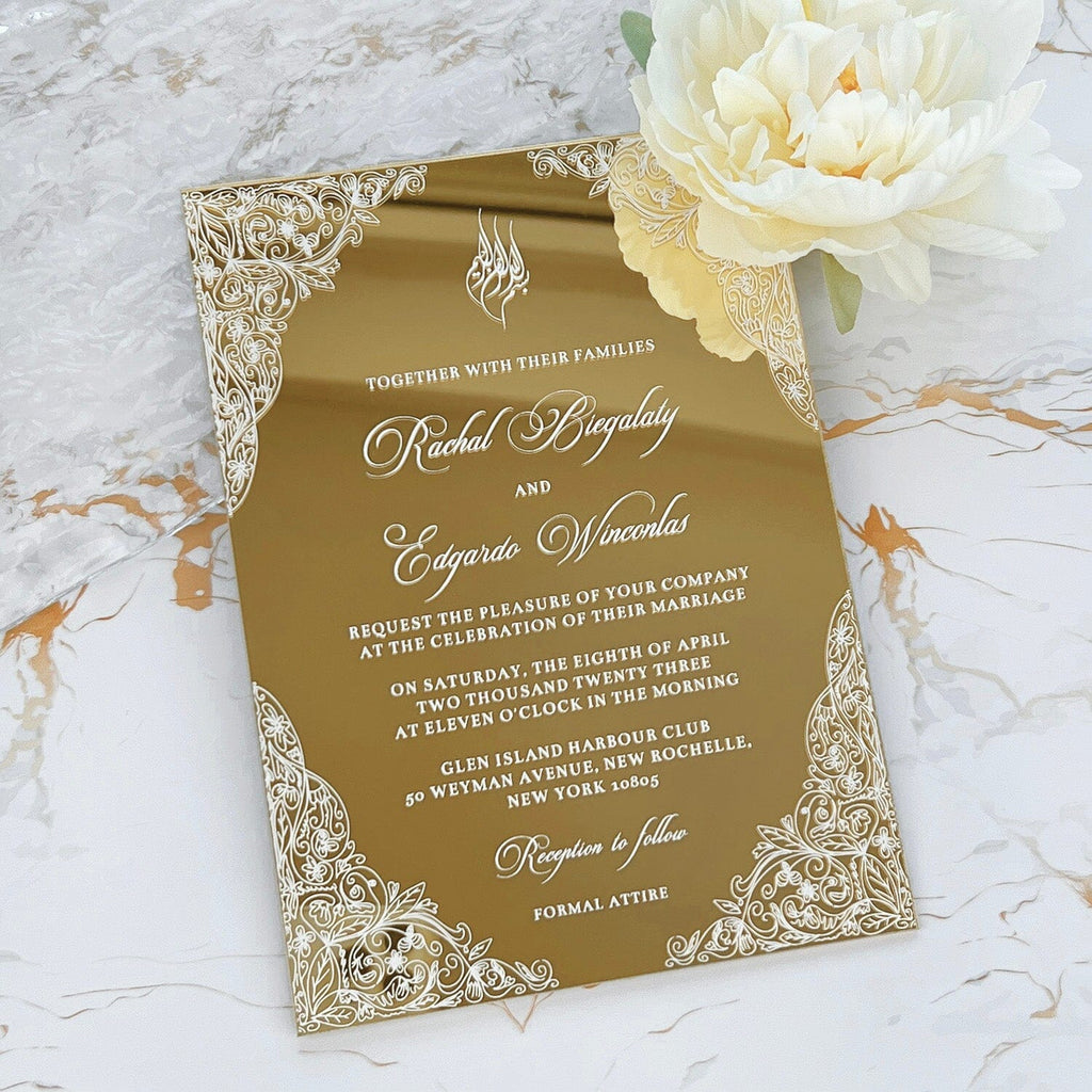 Luxury Gold Mirror Acrylic Wedding Invitation, Elegant Floral Frame and Personalized Monogram Invites, Minimalist Gold Acrylic Invites Wedding Ceremony Supplies Picky Bride 
